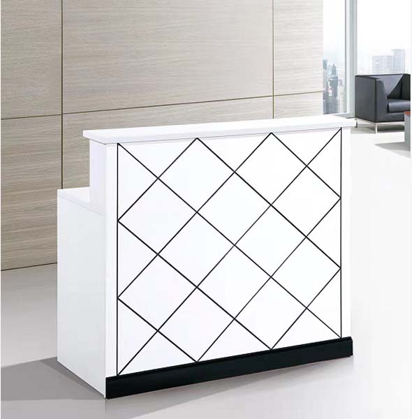 Modern High-Gloss White L-Shaped Reception Desk with Black Diamond Grid Front Panel