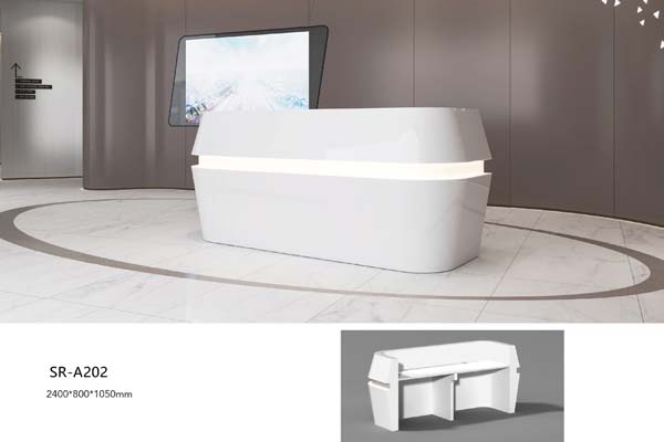 Modern Curved High-Gloss White Reception Desk with Integrated LED and Digital Display