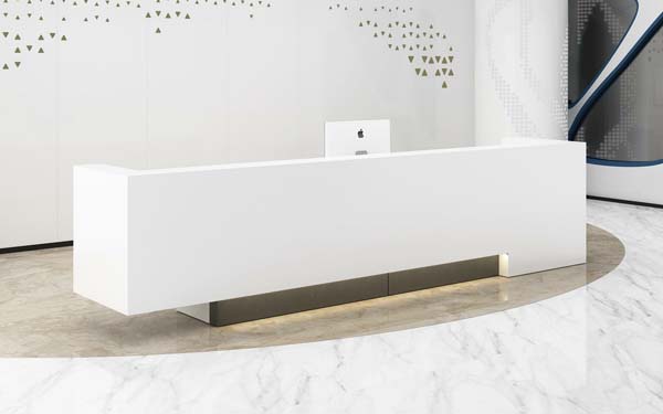 Minimalist Straight Commercial Reception Desk with Recessed Bronze Plinth and Underlighting