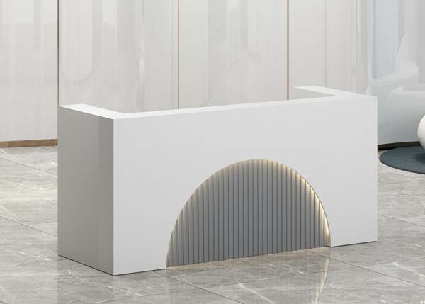 Modern L-Shaped Matte White Commercial Reception Desk with Fluted Arched LED Accent