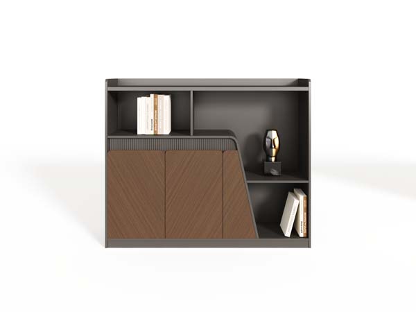 Modern Asymmetric Office Side Storage Credenza with Stepped Open Shelves and Textured Brown Doors