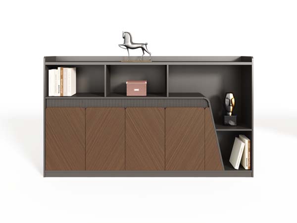 Modern Asymmetrical Office Storage Credenza with Open Shelving and Brown Textured Doors