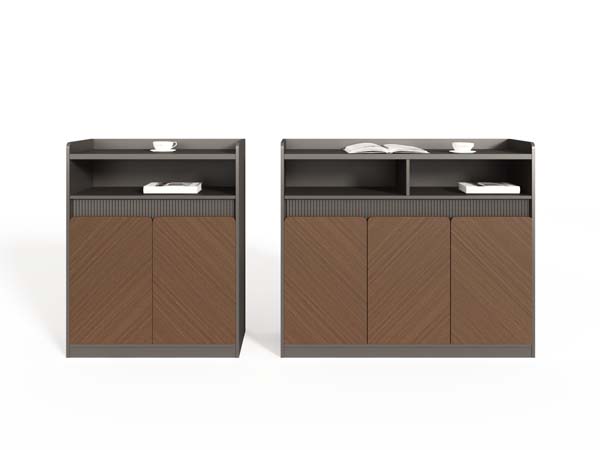Modern Two-Tone Low Storage Cabinet with Open Upper Shelf and Diagonal Patterned Doors