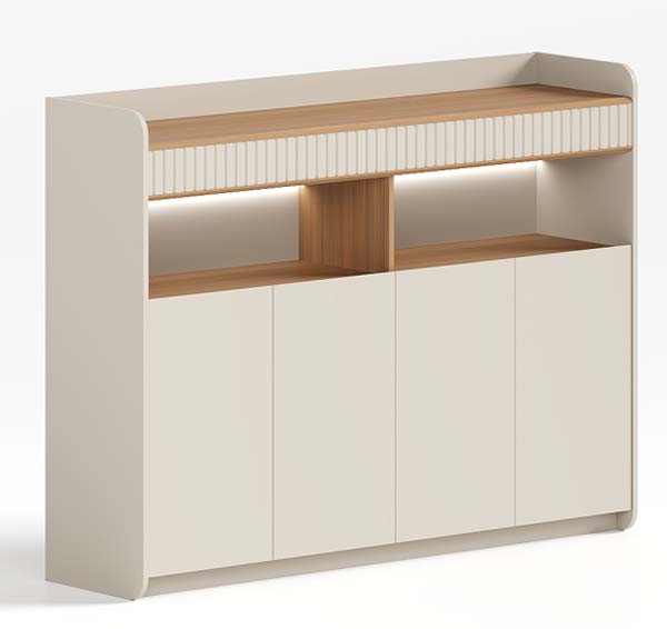 Two-Tone Rounded Edge Credenza with LED-Lit Open Display Shelves and 4 Handleless Doors