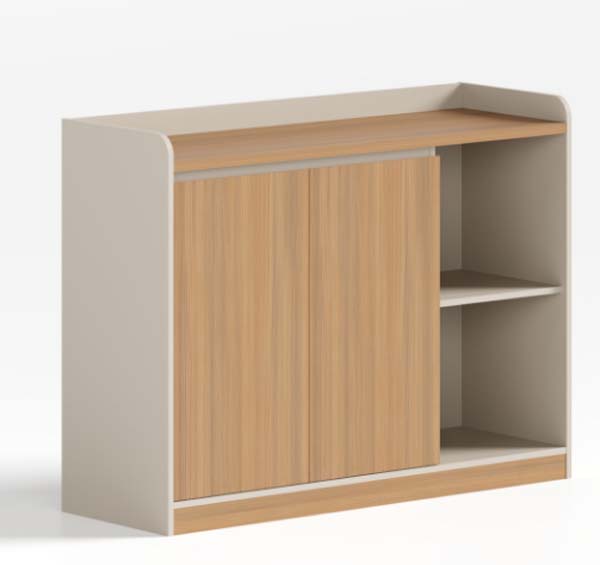 Two-Tone Light Oak and Off-White Tambour Door Office Storage Credenza with Open Shelving