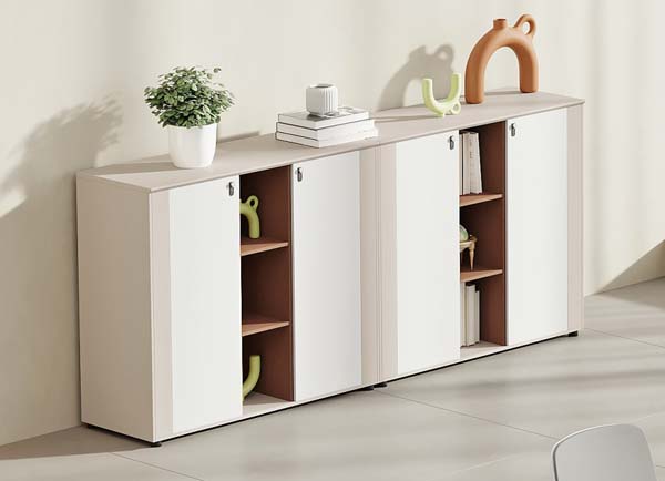Modern Off-White Lockable Office Storage Credenza with Open Brown Interior Shelves