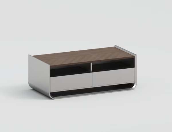 Curved Polished Metal Frame Walnut Top Low Profile TV Media Console