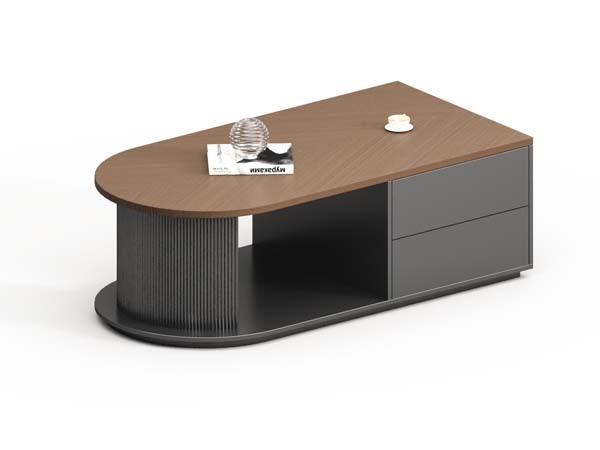 Walnut-Finish Asymmetric Oval Storage Coffee Table with Fluted Support