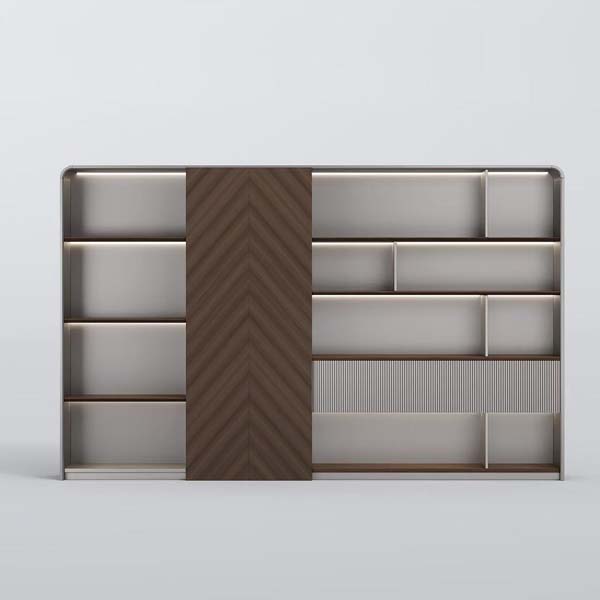 Modern Light Luxury Asymmetrical Display Storage Bookcase with Herringbone Panel, Fluted Glass and Integrated LED Lighting