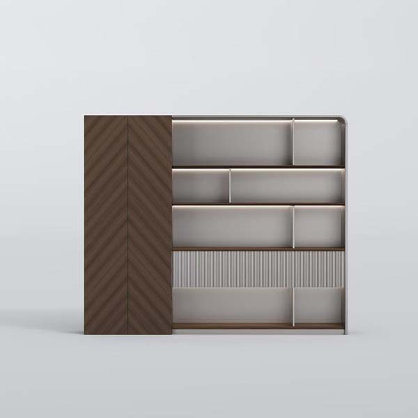 Asymmetrical Office Storage Bookshelf Cabinet with LED Lit Shelves and Fluted Glass Panel