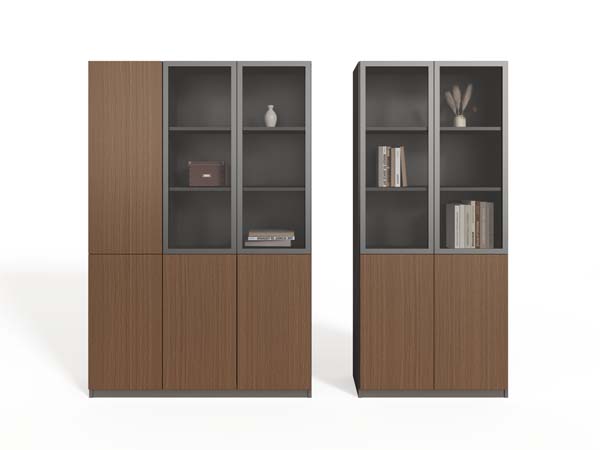 Modular Tall Office Display Storage Cabinet with Tinted Glass Upper Doors and Solid Wood-Grain Lower Doors