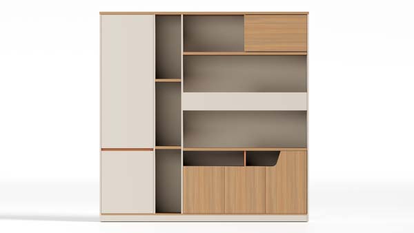 Two-Tone Light Oak and Off-White Asymmetric Tall Office Storage Cabinet