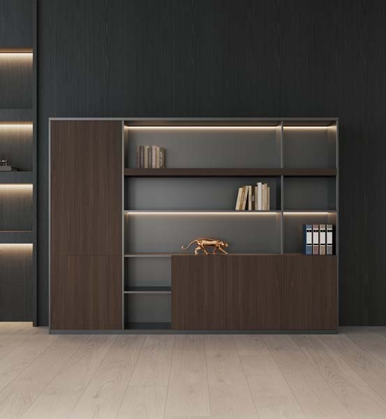 Asymmetric Dark Wood Office Storage Bookcase with Integrated LED Lighting