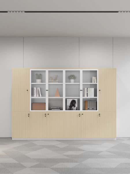 Modern Light Wood Grain Office Storage Cabinet with Central 12-Grid Glass Display Section and Lockable Doors