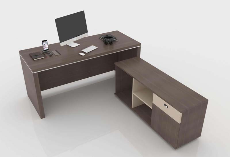 Two-Tone Dark Walnut Beige L-Shaped Executive Office Desk with Side Storage Return