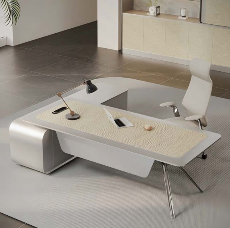 Modern L-Shaped Executive Office Desk with Curved Left Pedestal and Integrated Desk Pad