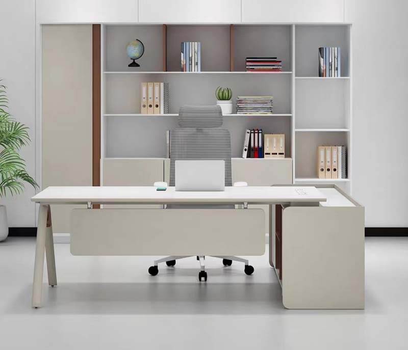 Light Off-White L-Shaped Executive Office Desk with Rounded Side Storage Return