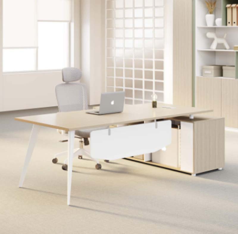 Light Oak White Splayed Leg Executive Office Desk with Right Storage Return