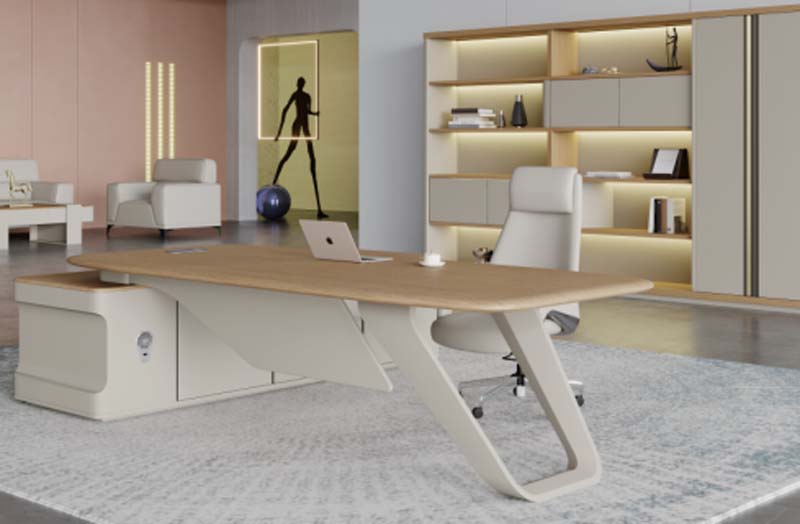 Modern Light Oak Off-White L-Shaped Executive Office Desk with Left Storage Pedestal