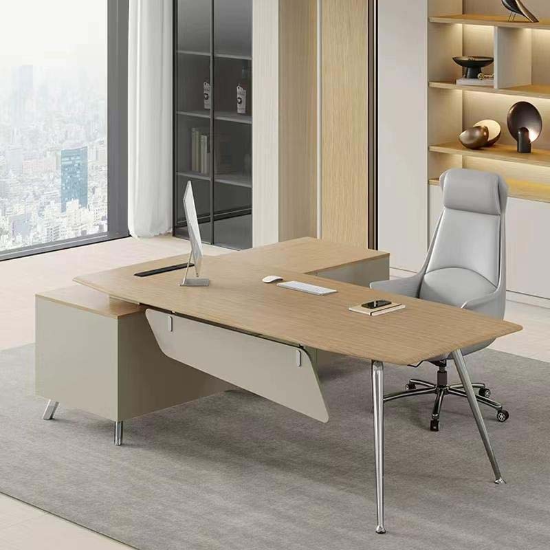 Modern L-Shaped Light Oak Executive Office Desk with Dual Side Storage Returns