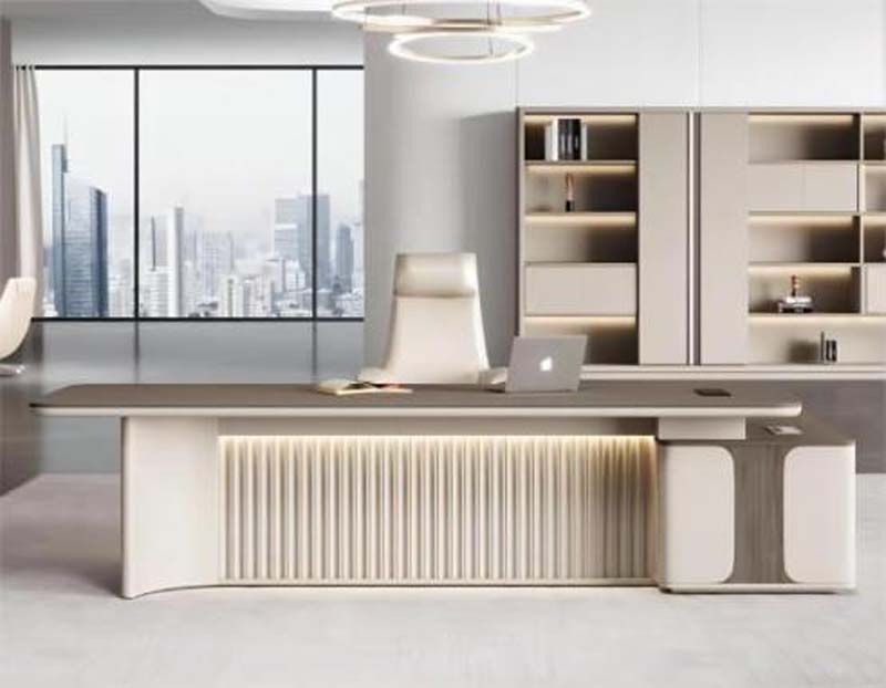 Modern L-Shaped Two-Tone Executive Desk with Right Return, Fluted Panel and Integrated LED
