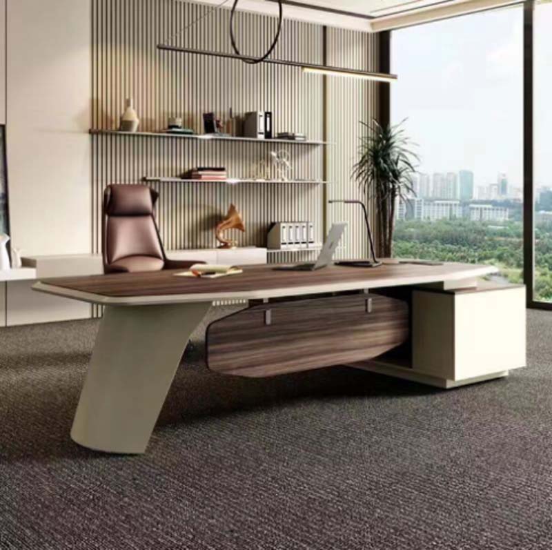 Two-Tone Walnut Off-White Boat-Shaped L-Shaped Executive Desk
