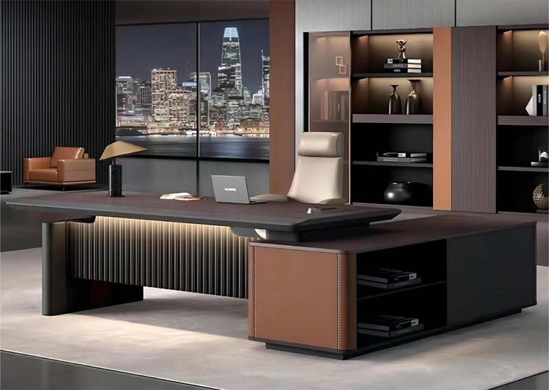 Two-Tone L-Shaped Executive Office Desk with Illuminated Fluted Modesty Panel and Open Side Storage