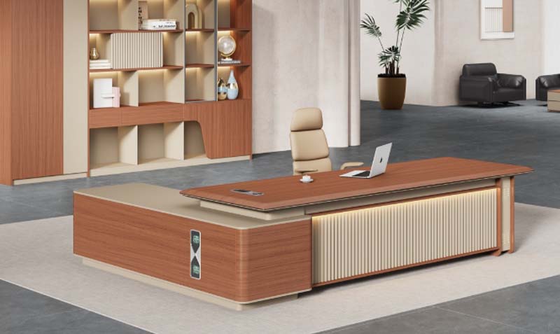 Modern L-Shaped Executive Office Desk with Fluted Front, LED Lighting and Left Side Storage Return