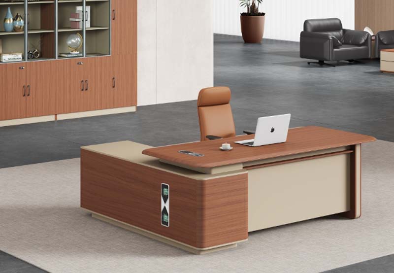 Two-Tone L-Shaped Executive Office Desk with Integrated Power Ports