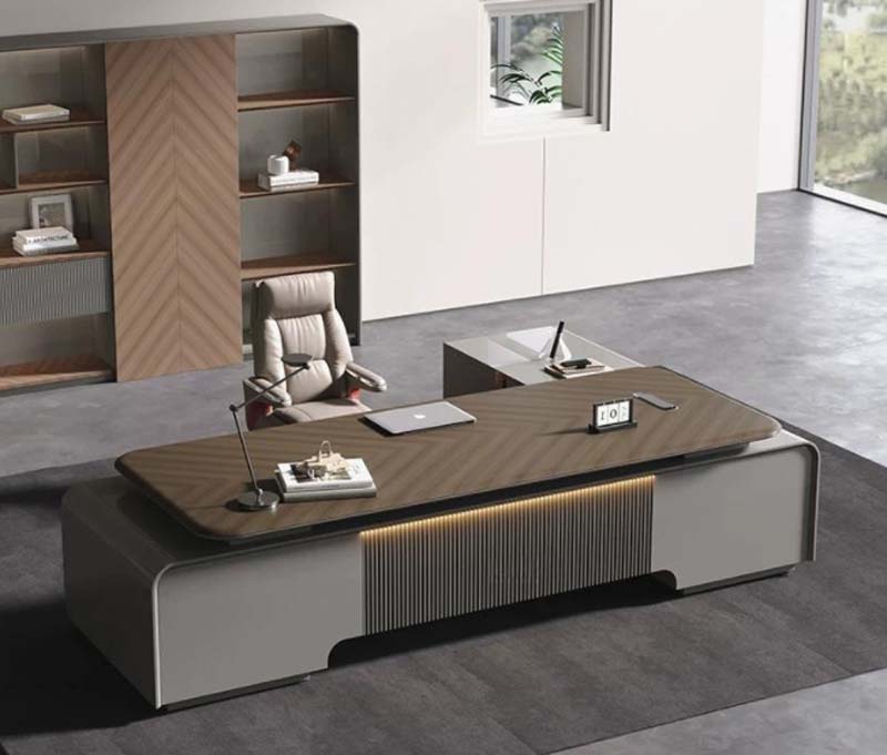 L-Shaped Herringbone Top Executive Office Desk with LED Strip and Fluted Base
