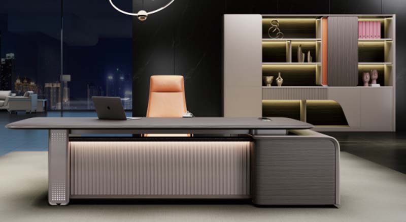 Modern L-Shaped Grey Fluted Executive Desk with Right Return Cabinet and Under-Desk LED Lighting