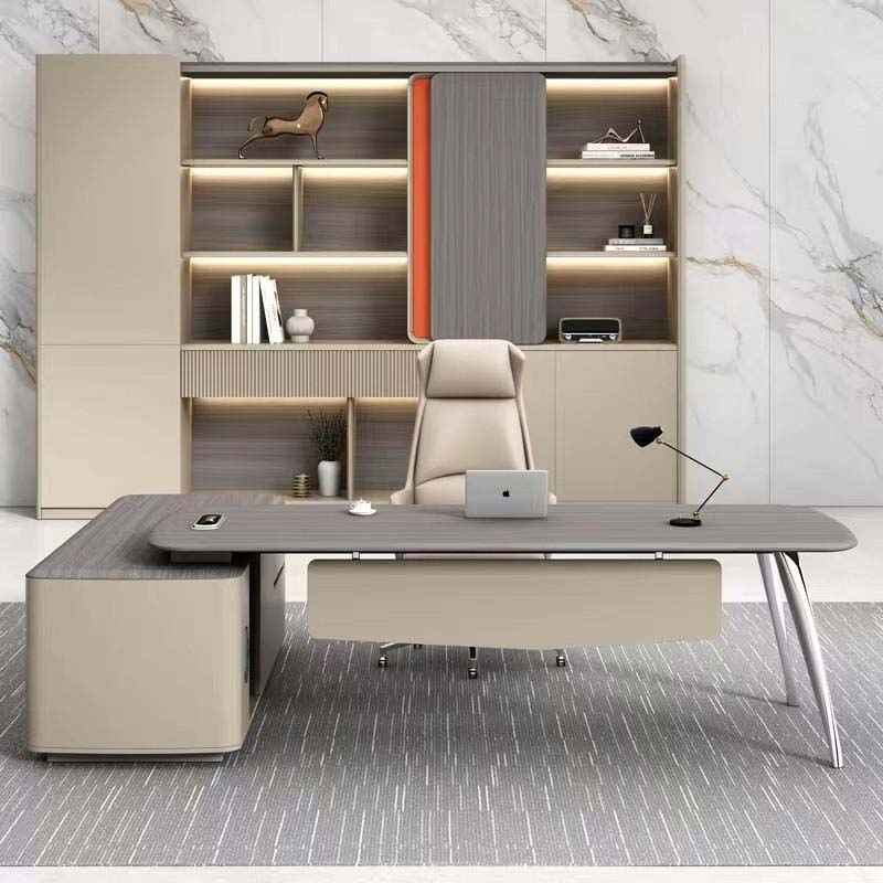 L-Shaped Executive Office Desk with Matching Wall-Mounted Storage Bookcase