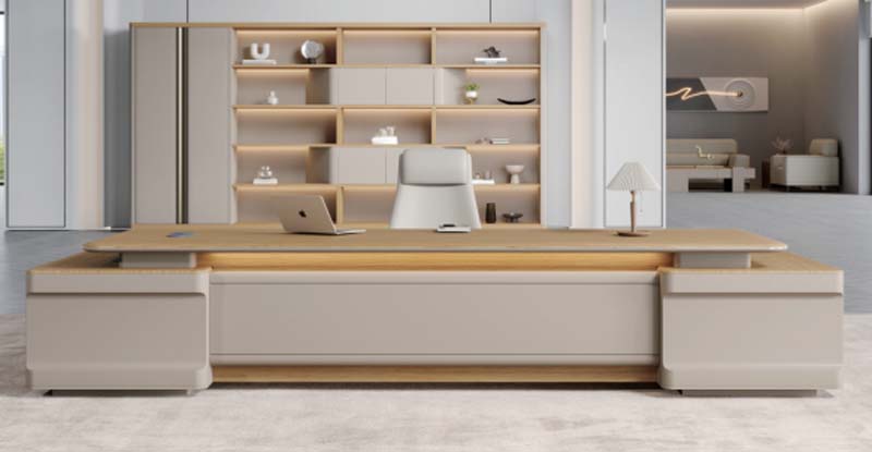 Large L-Shaped Executive Office Desk with Integrated Storage and LED Backwall Bookshelf