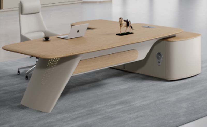 Curved Light Oak Executive Office Desk with Sculpted Off-White Base