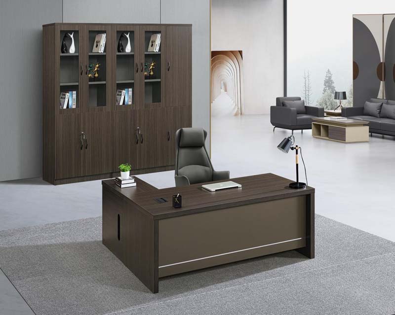 Dark Brown Wood-Grain L-Shaped Executive Office Desk with Modesty Panel