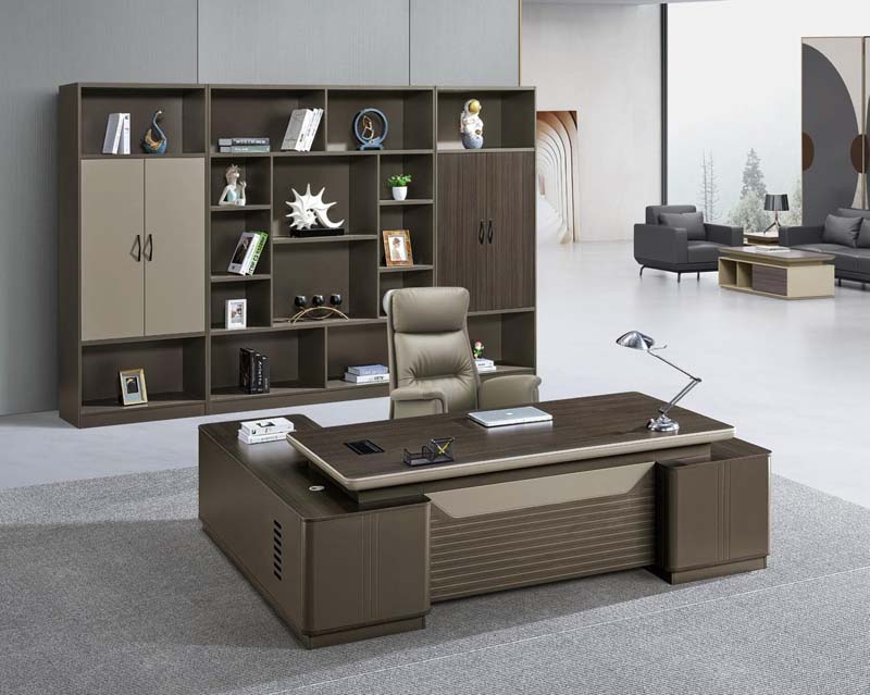 Two-Tone L-Shaped Executive Office Desk with Pedestal Storage and Cable Management