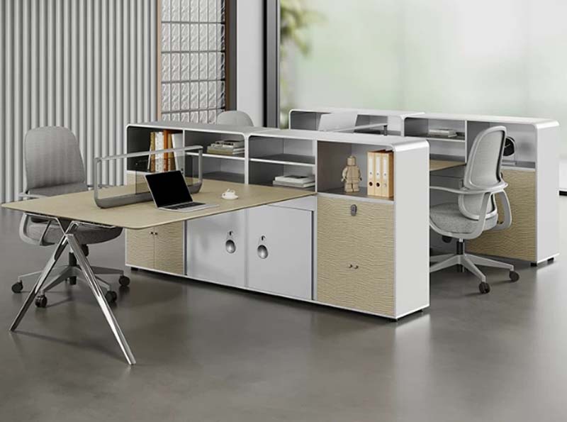 4-Person L-Shaped Office Workstation Cluster with Integrated Divider Storage