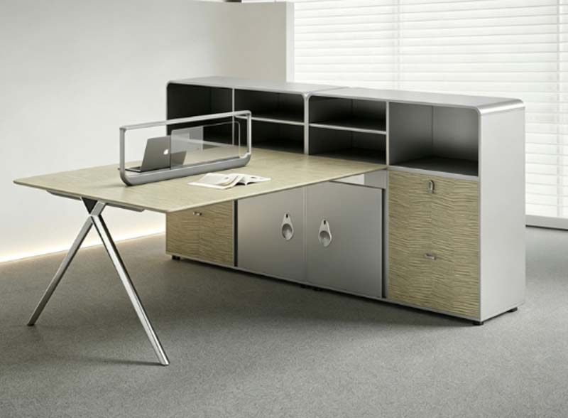 L-Shaped Executive Office Desk with Integrated Storage Credenza and Desktop Divider