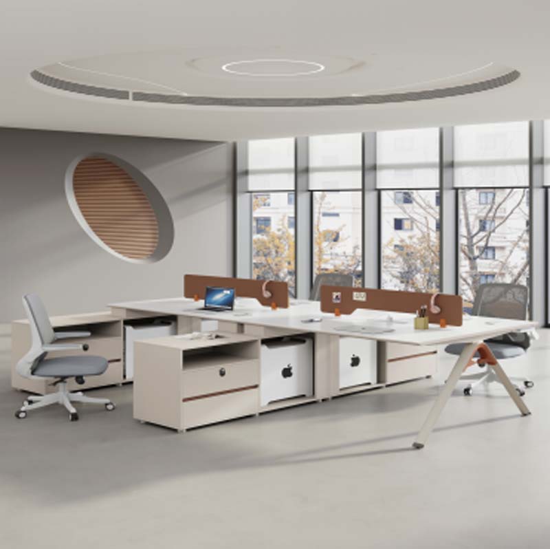 4-Person Face-to-Face Modular Open Plan Office Workstation Desk with Brown Privacy Dividers and Under-Desk Storage