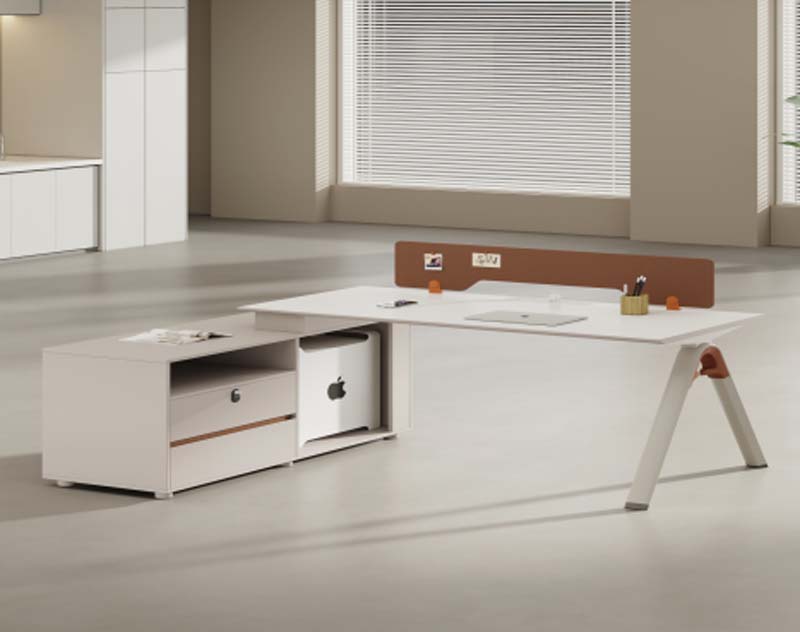 Modern L-Shaped Executive Office Desk with Left Storage Return, CPU Bay and Brown Upholstered Privacy Divider
