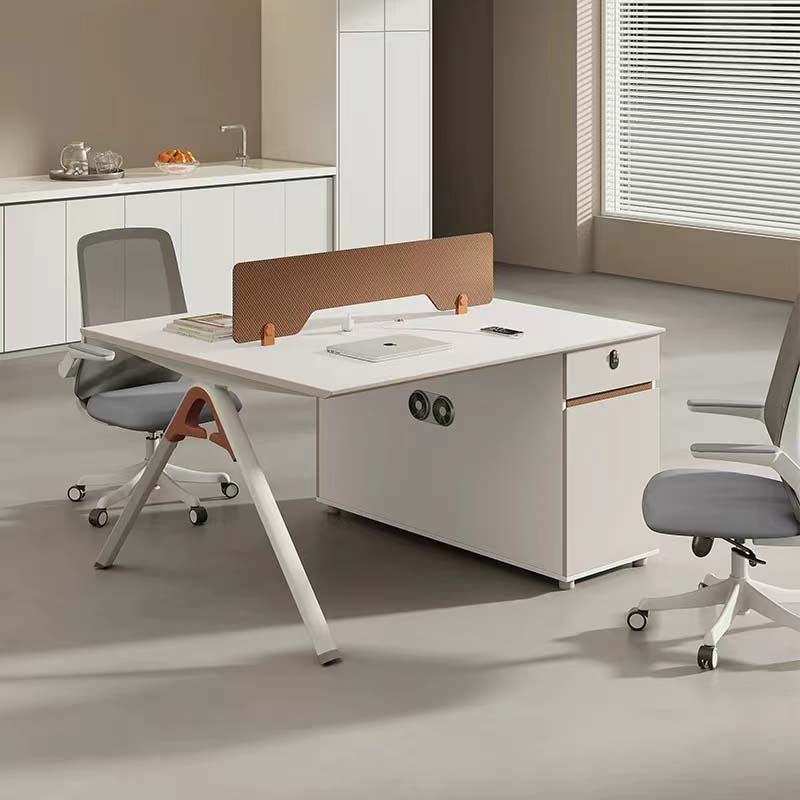 Two-Person Face-to-Face Office Workstation Desk with Central Privacy Divider and Fixed Storage Pedestal
