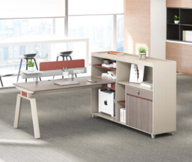 Two-Person Office Workstation Desk with Attached Storage Credenza and Divider Screen