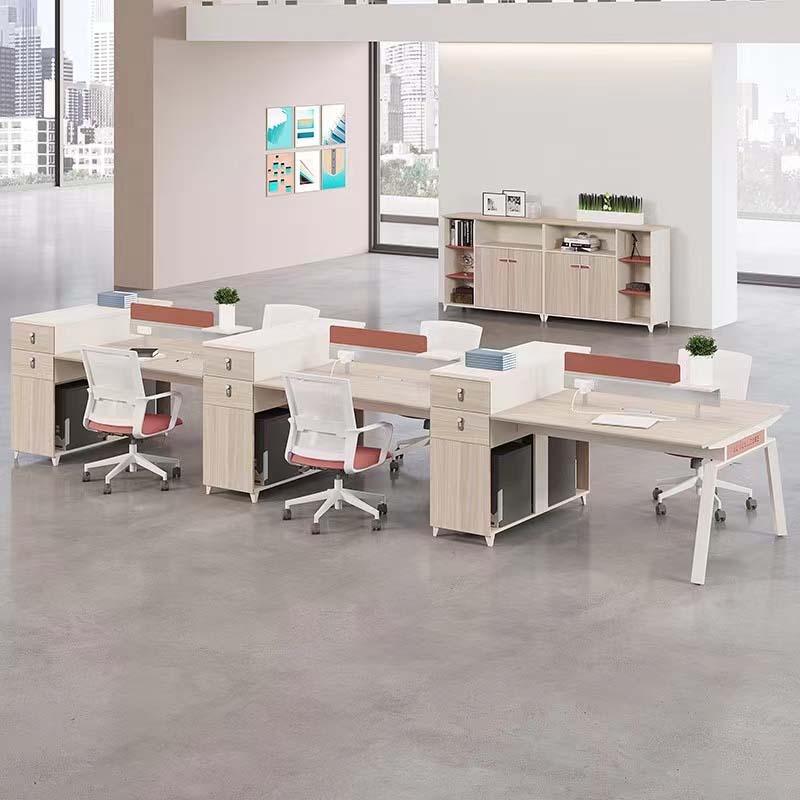 6-Person Modular Open-Plan Office Workstation Cluster with Terracotta Privacy Screens and Integrated Storage