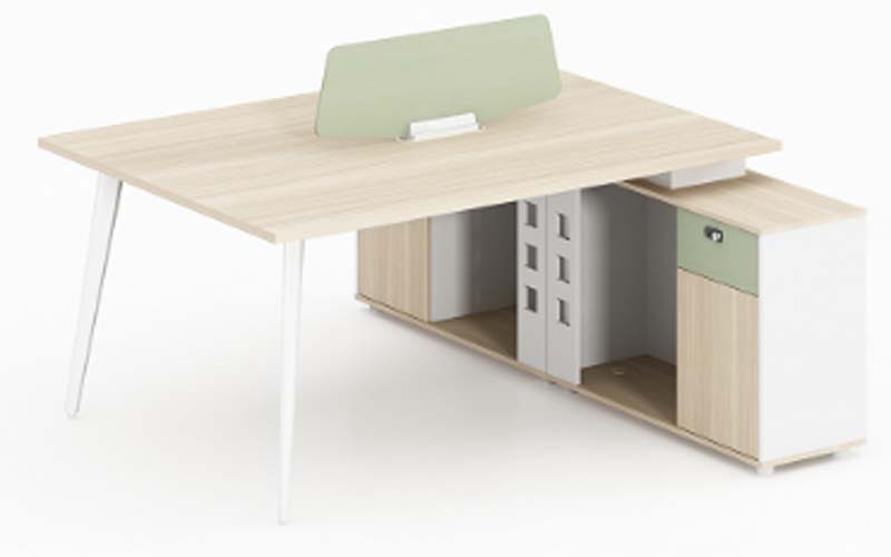Two-Person Light Oak Office Workstation Desk with Sage Divider and Integrated Storage Credenza