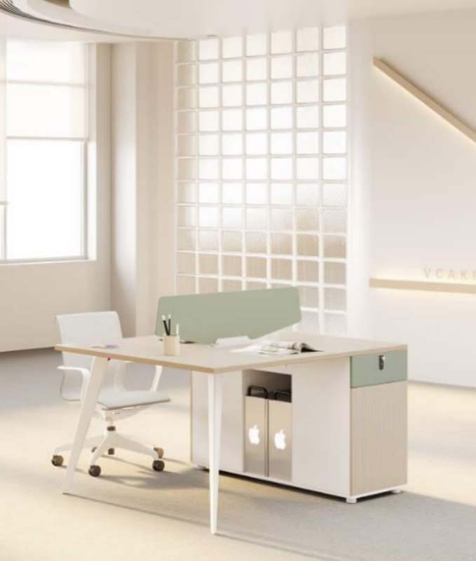 Light Wood Single-Sided Staff Office Workstation Desk with Sage Green Privacy Divider and Integrated Storage