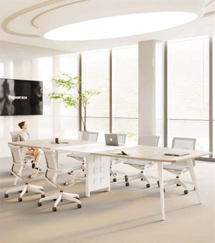 Light Wood Top White Splayed Leg Modular 8-Person Office Conference Table with Integrated Central Power Unit