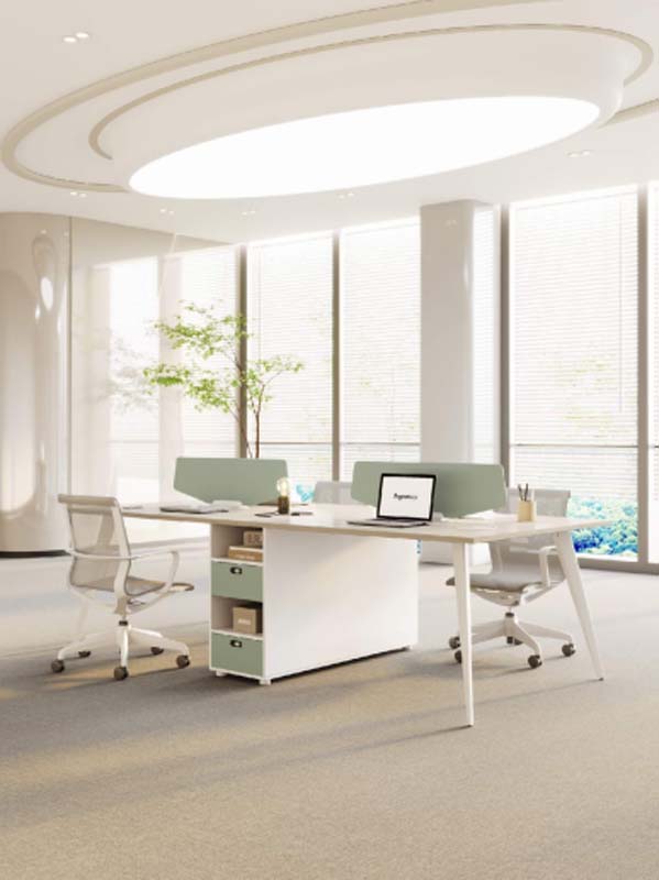 2-Person Side-by-Side Office Workstation Desk with Central Storage and Desktop Privacy Dividers