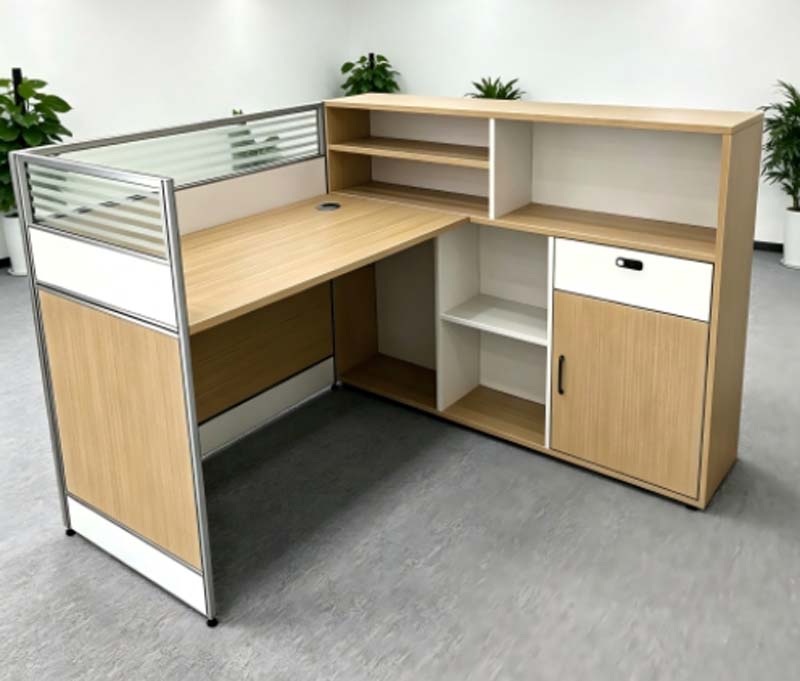 Light Oak L-Shaped Office Cubicle Desk with Integrated Storage and Partition