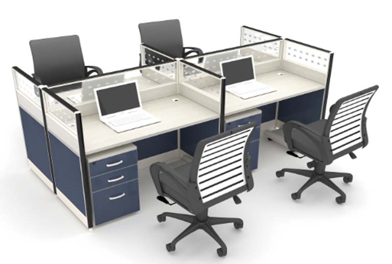 4-Person Cross Cluster Office Cubicle Workstation with Glass Partitions and Drawer Pedestals