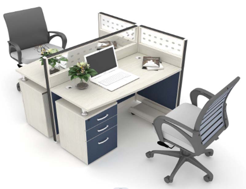 Two-Person L-Shaped Partitioned Office Cubicle Workstation with Attached 3-Drawer Pedestals